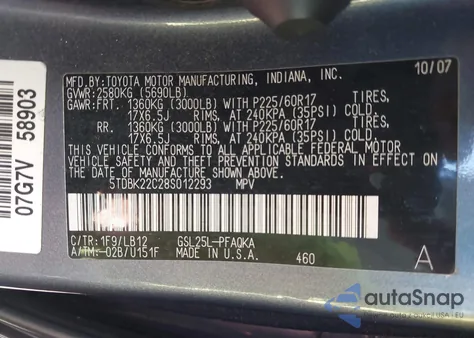 2008 Toyota Sienna Limited from USA, damaged, VIN 5TDBK22C28S012293